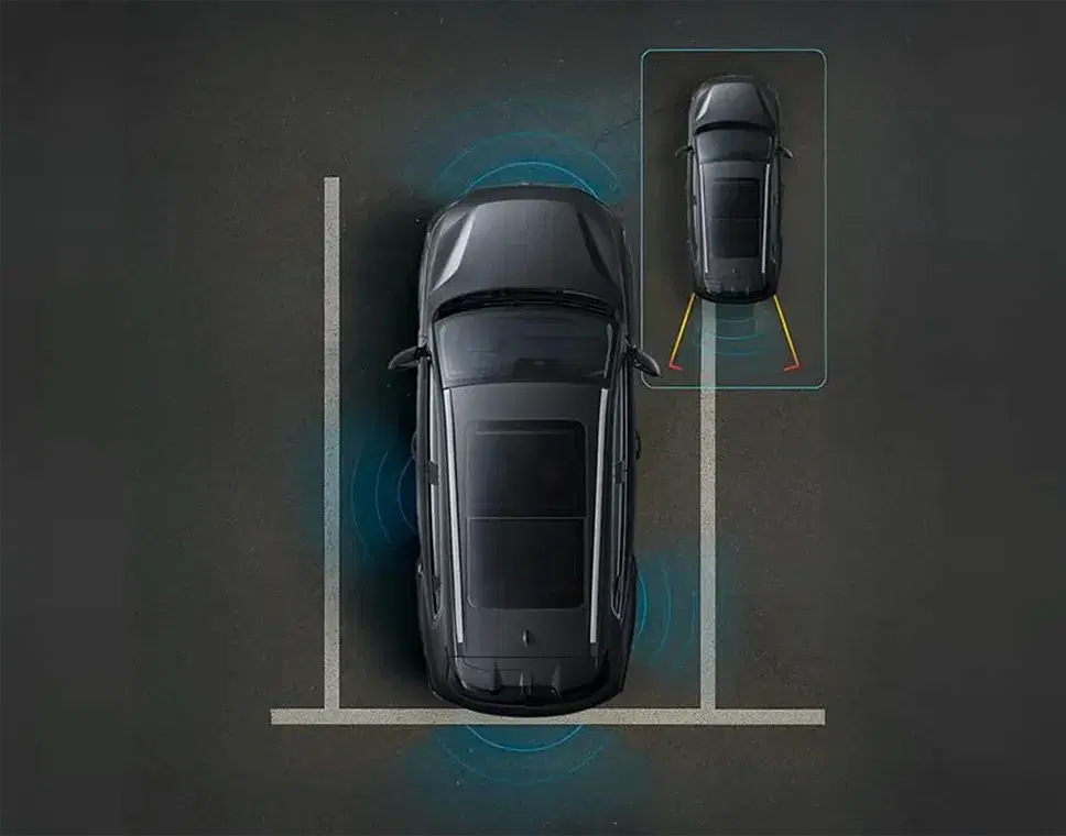 Top-down view of a car perfectly parked in a tight spot, illustrating parking assist.