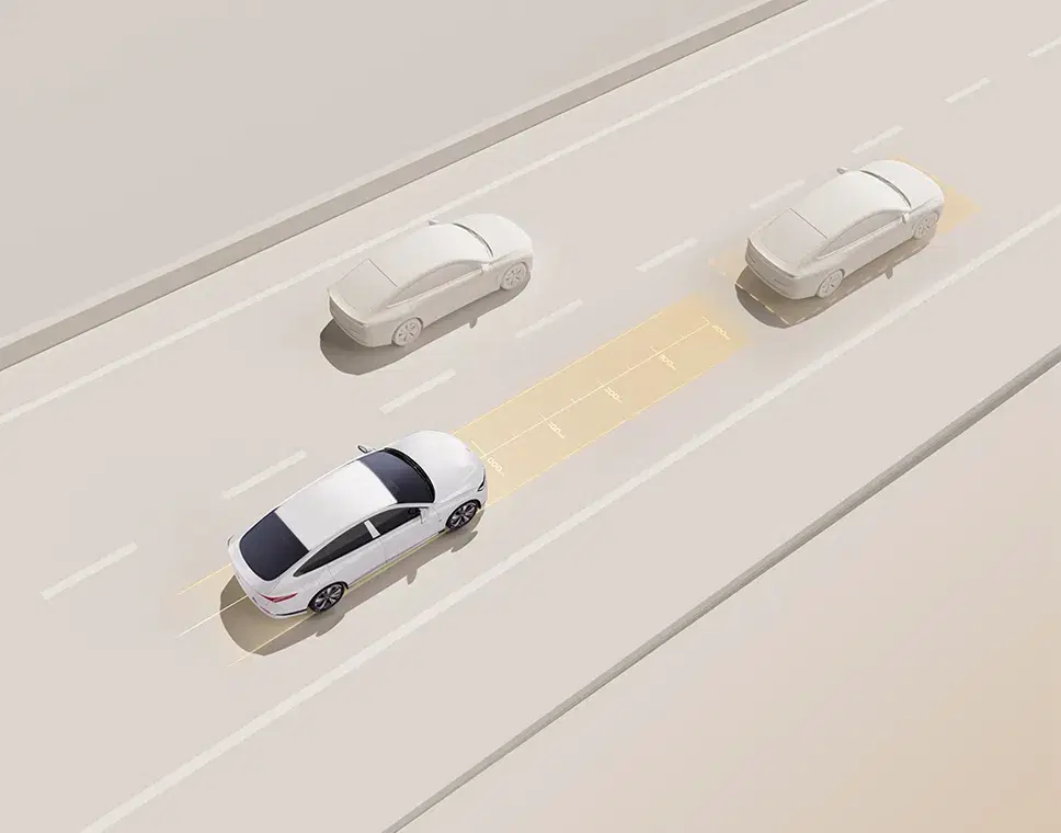 View from the driver's seat in heavy traffic, with HUD elements showing adaptive cruise control.